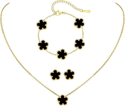 Elegant Black and Gold Vancleef Design Jewelry Set